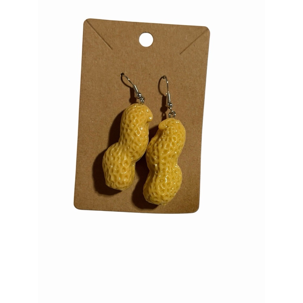 Handmade Realistic Peanut Resin Dangle Earrings Kitsch Food Jewelry Tan Silver